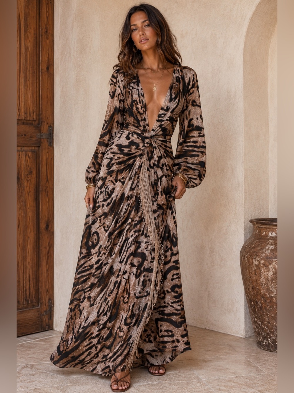Boho Abstract Animal Print Long Sleeve Maxi Dress Fringe Tassel Brown Black